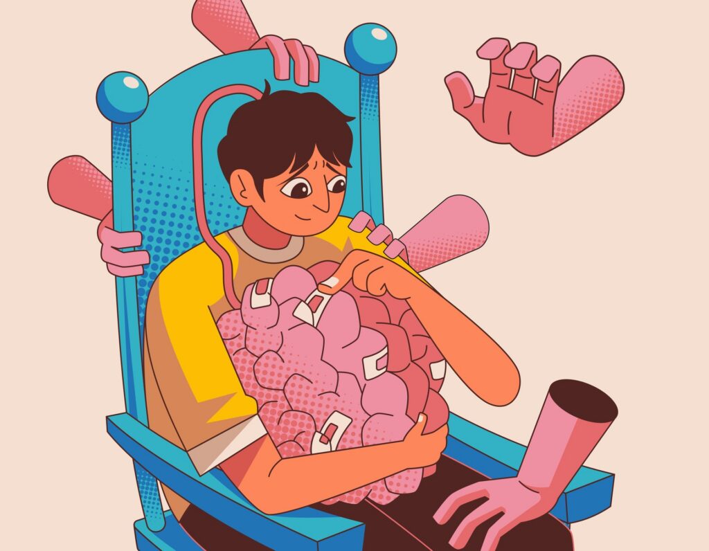 cartoon boy holding a brain smiling